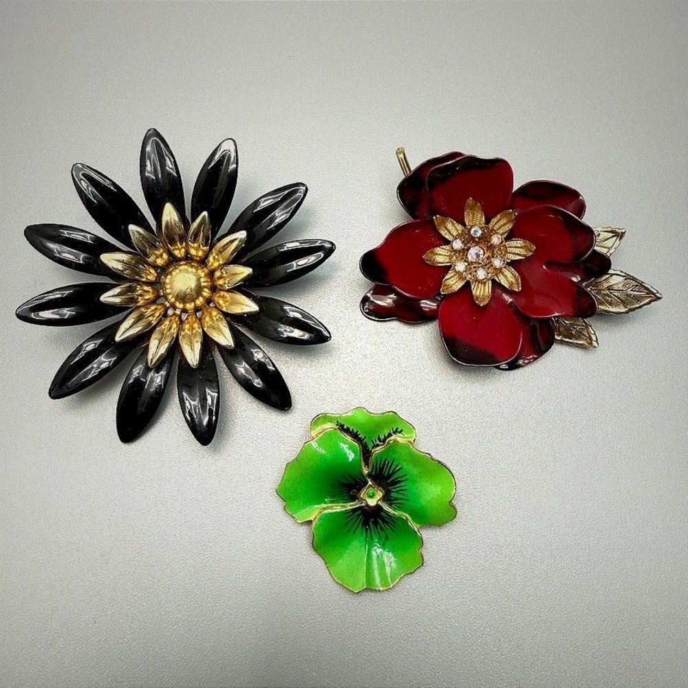 Vintage Enamel Flower Brooch Lot of 3 Sarah Cov and Unsigned Spring Summer